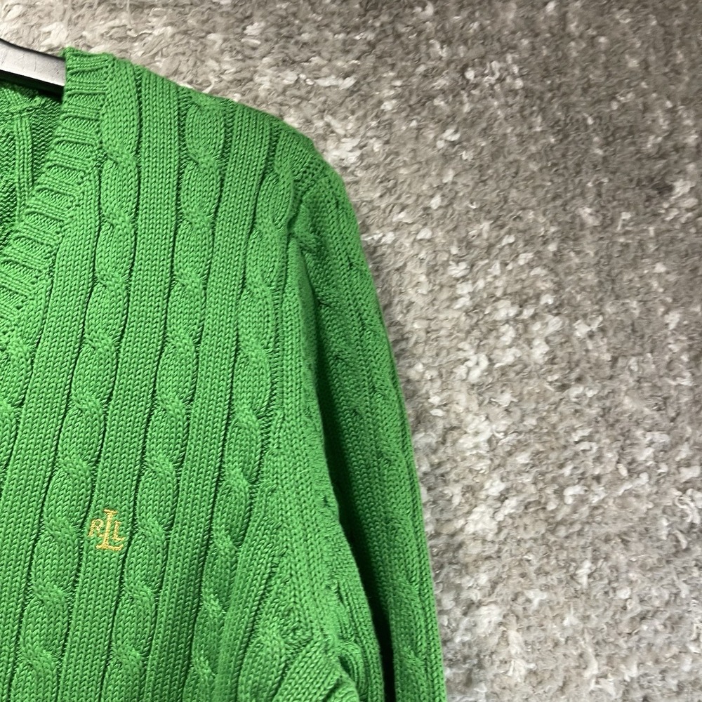 Lauren Ralph Lauren Women Green Cable Knit V-Neck Cotton Sweater M Preppy Tennis - Picture 4 of 10